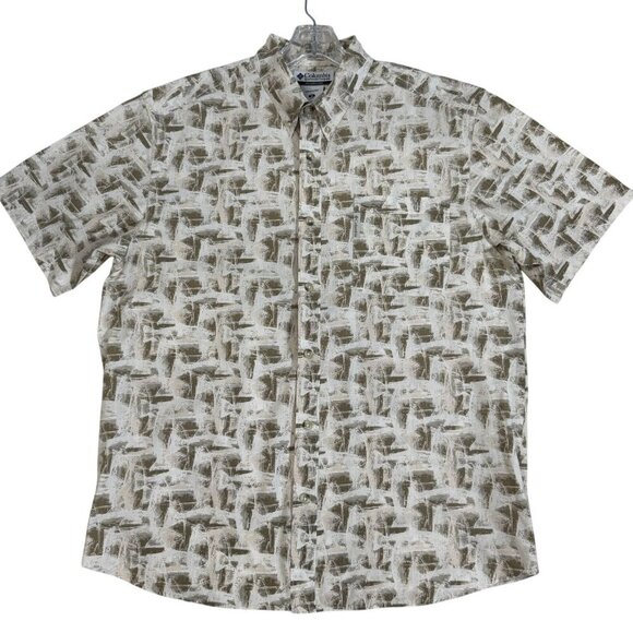 Columbia Beige Abstract Fishing Outdoors Print Short-Sleeve Button-Up Shirt L - Picture 1 of 10